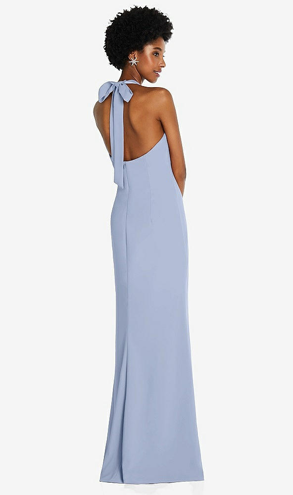 Back View - Sky Blue Tie Halter Open Back Trumpet Gown