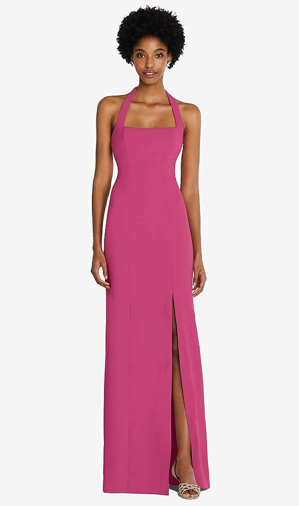 Front View - Tea Rose Tie Halter Open Back Trumpet Gown