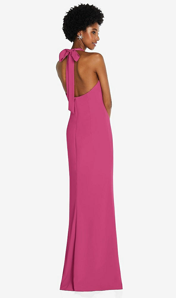 Back View - Tea Rose Tie Halter Open Back Trumpet Gown