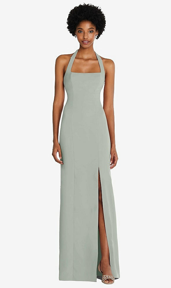 Front View - Willow Green Tie Halter Open Back Trumpet Gown