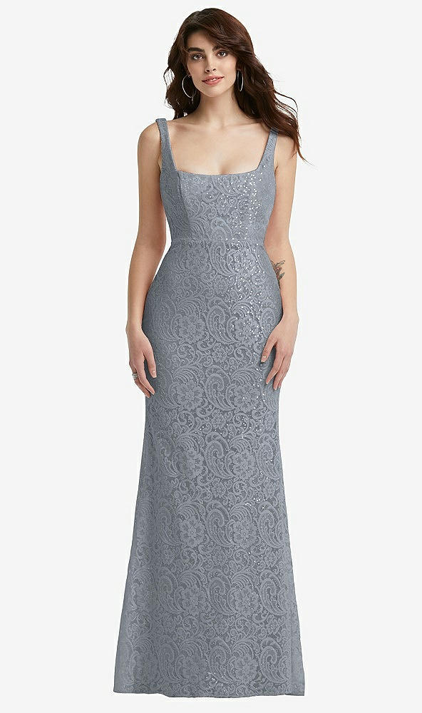 Front View - Platinum Scoop Back Sequin Lace Trumpet Gown