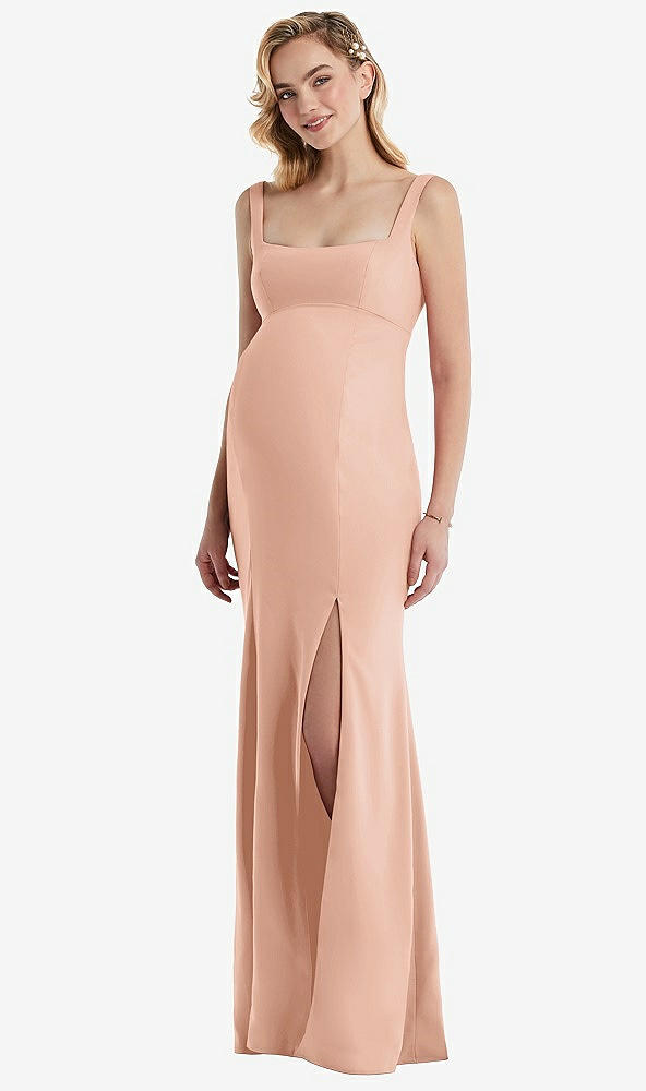Front View - Pale Peach Wide Strap Square Neck Maternity Trumpet Gown