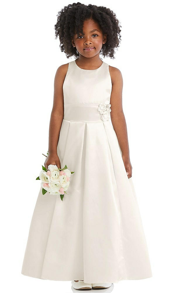 Front View - Ivory Pleated Skirt Satin Flower Girl Dress with Flower Detail