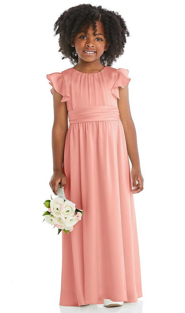 Front View - Rose Ruffle Flutter Sleeve Whisper Satin Flower Girl Dress