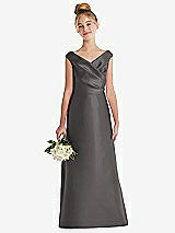 Front View Thumbnail - Caviar Gray Off-the-Shoulder Draped Wrap Satin Junior Bridesmaid Dress