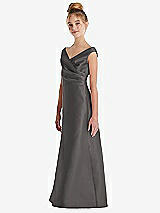 Side View Thumbnail - Caviar Gray Off-the-Shoulder Draped Wrap Satin Junior Bridesmaid Dress