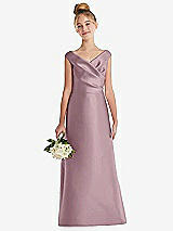 Front View Thumbnail - Dusty Rose Off-the-Shoulder Draped Wrap Satin Junior Bridesmaid Dress