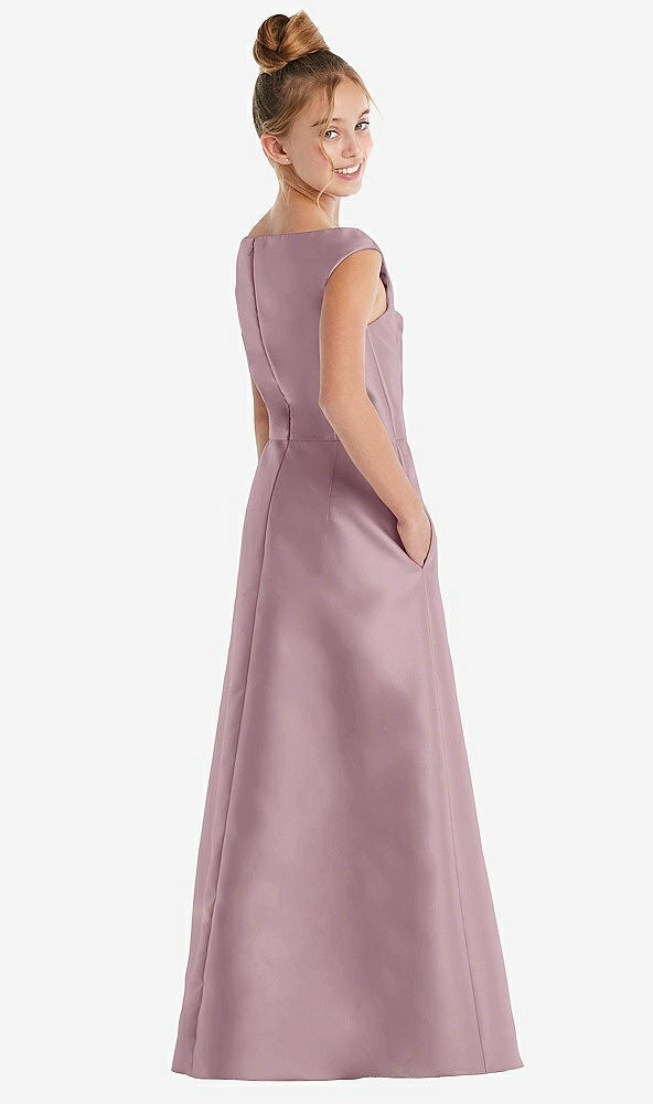 Back View - Dusty Rose Off-the-Shoulder Draped Wrap Satin Junior Bridesmaid Dress