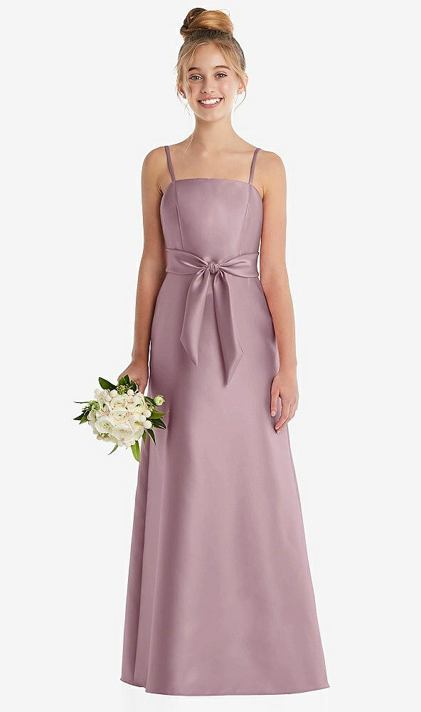 Front View - Dusty Rose Spaghetti Strap Satin Junior Bridesmaid Dress with Mini Sash