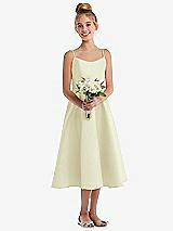 Front View Thumbnail - Butter Yellow Adjustable Spaghetti Strap Satin Midi Junior Bridesmaid Dress