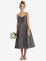 Alt View 1 Thumbnail - Caviar Gray Adjustable Spaghetti Strap Satin Midi Junior Bridesmaid Dress
