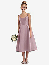Alt View 1 Thumbnail - Dusty Rose Adjustable Spaghetti Strap Satin Midi Junior Bridesmaid Dress