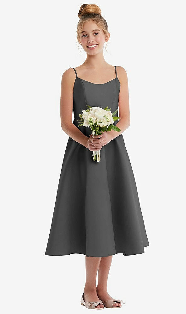 Front View - Gunmetal Adjustable Spaghetti Strap Satin Midi Junior Bridesmaid Dress