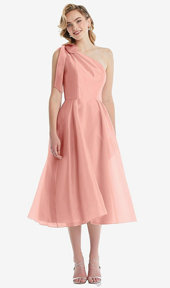 Front View - Apricot Scarf-Tie One-Shoulder Organdy Midi Dress