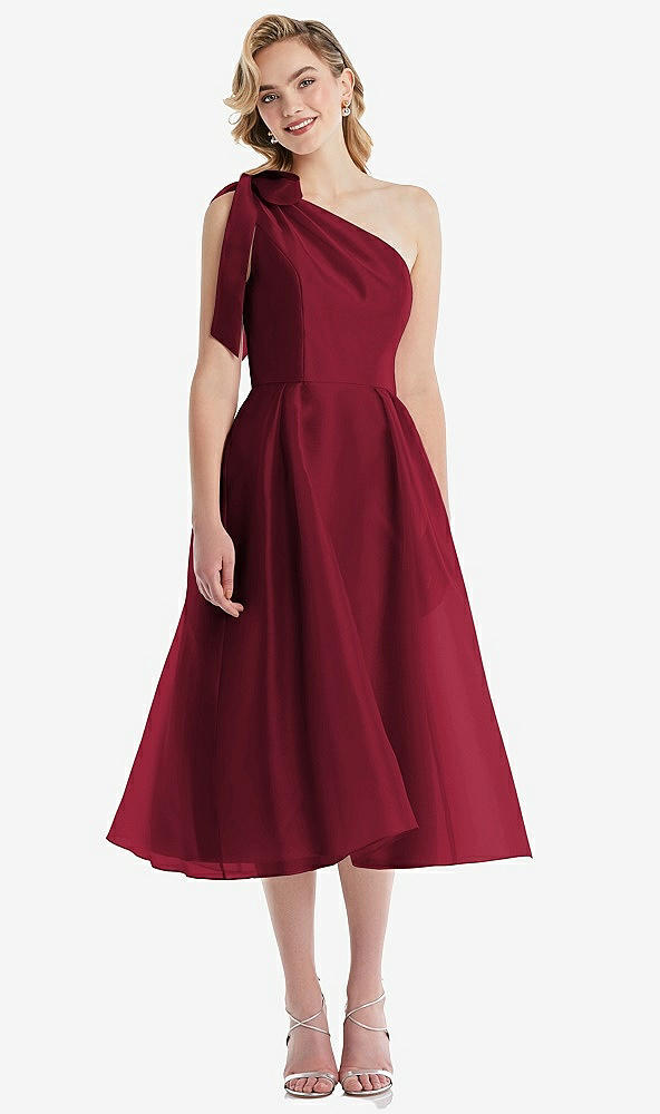 Front View - Burgundy Scarf-Tie One-Shoulder Organdy Midi Dress