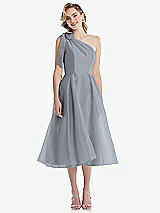 Front View Thumbnail - Platinum Scarf-Tie One-Shoulder Organdy Midi Dress