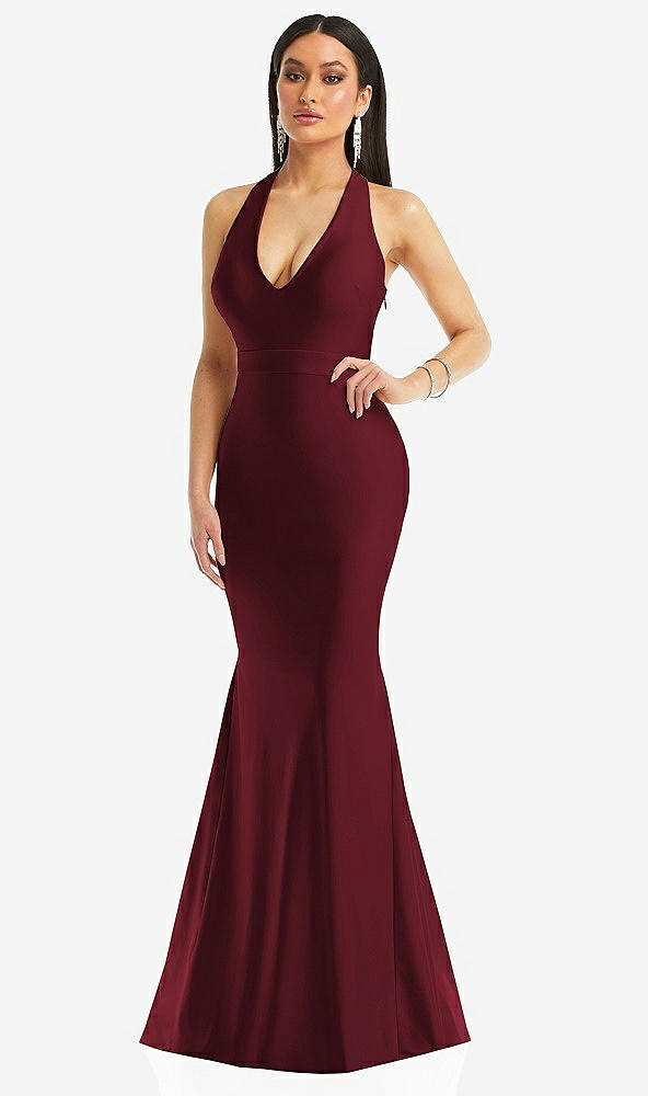 Front View - Cabernet Plunge Neckline Cutout Low Back Stretch Satin Mermaid Dress