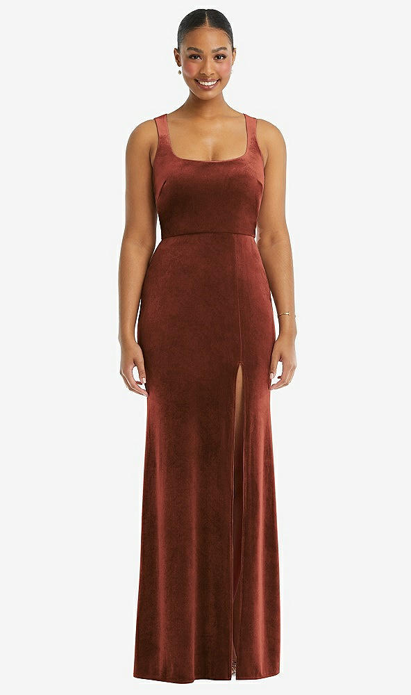 Front View - Auburn Moon Square Neck Closed Back Velvet Maxi Dress 