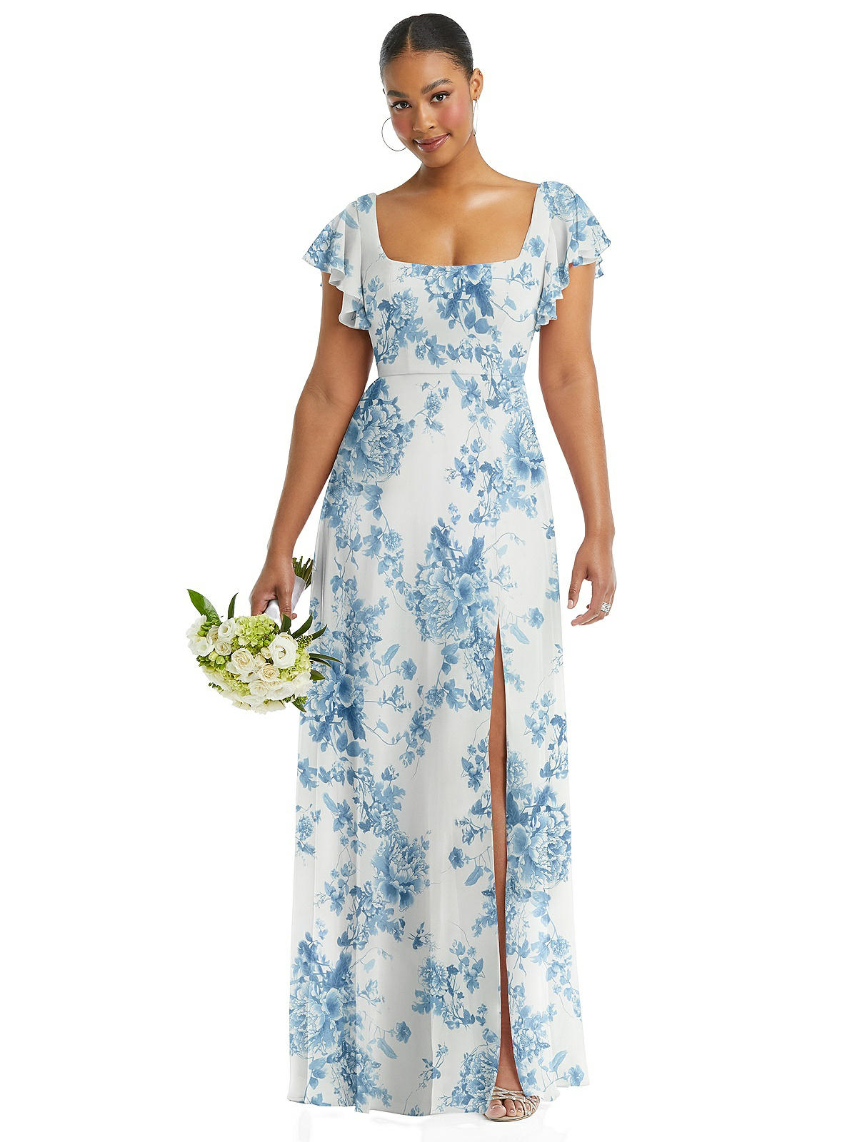 Flutter Sleeve Scoop Open-Back Chiffon Maxi Dress