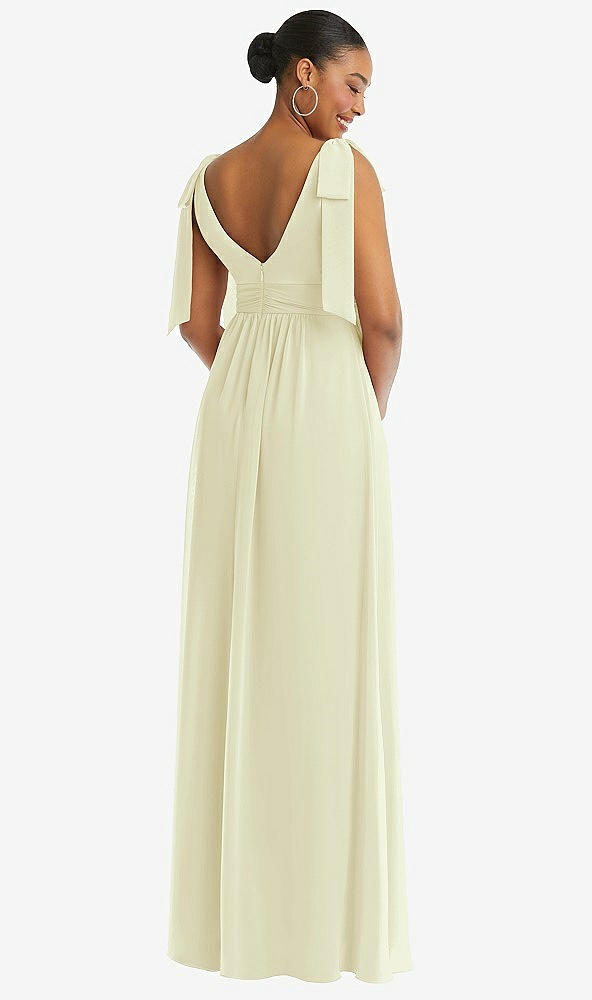 Back View - Butter Yellow Plunge Neckline Bow Shoulder Empire Waist Chiffon Maxi Dress