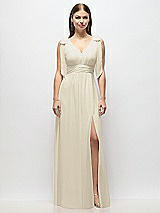Alt View 2 Thumbnail - Champagne Plunge Neckline Bow Shoulder Empire Waist Chiffon Maxi Dress
