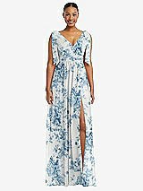 Front View Thumbnail - Cottage Rose Dusk Blue Plunge Neckline Bow Shoulder Empire Waist Chiffon Maxi Dress