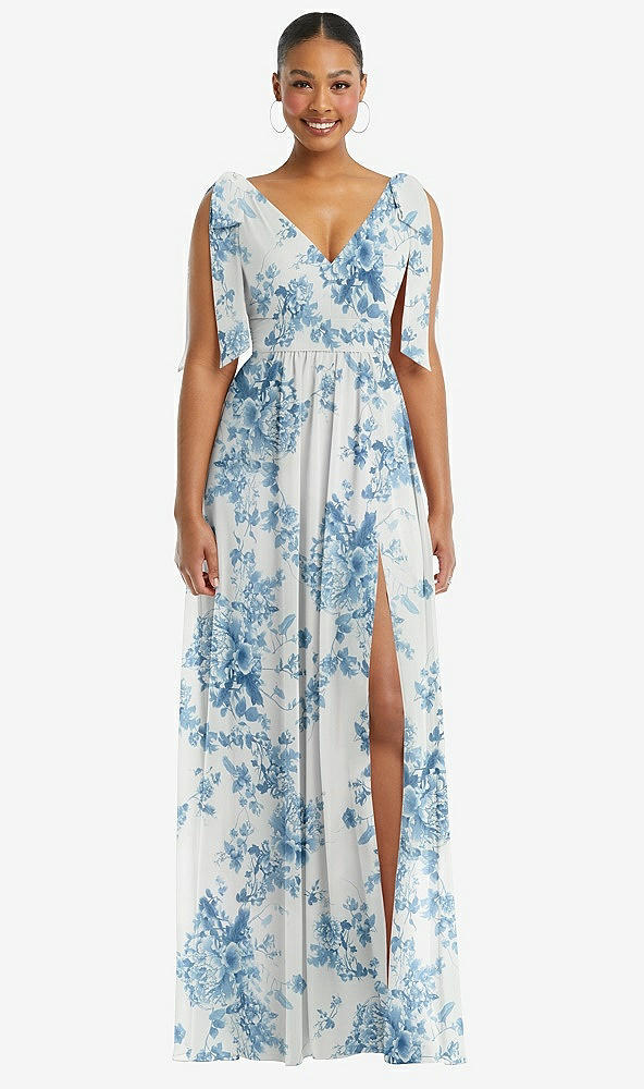 Front View - Cottage Rose Dusk Blue Plunge Neckline Bow Shoulder Empire Waist Chiffon Maxi Dress