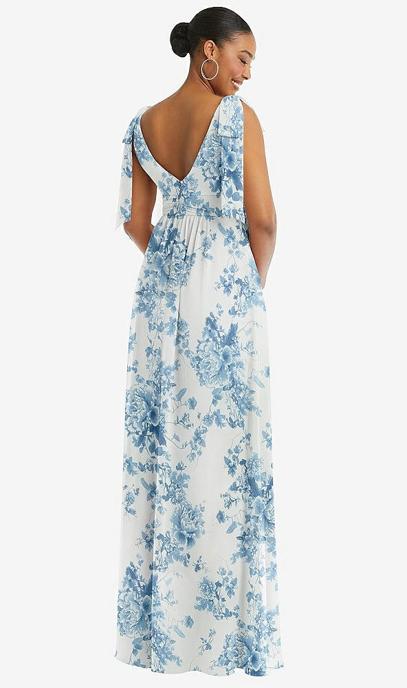 Back View - Cottage Rose Dusk Blue Plunge Neckline Bow Shoulder Empire Waist Chiffon Maxi Dress