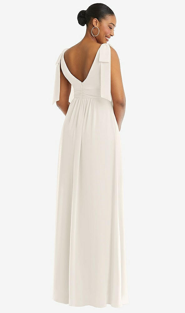 Back View - Ivory Plunge Neckline Bow Shoulder Empire Waist Chiffon Maxi Dress