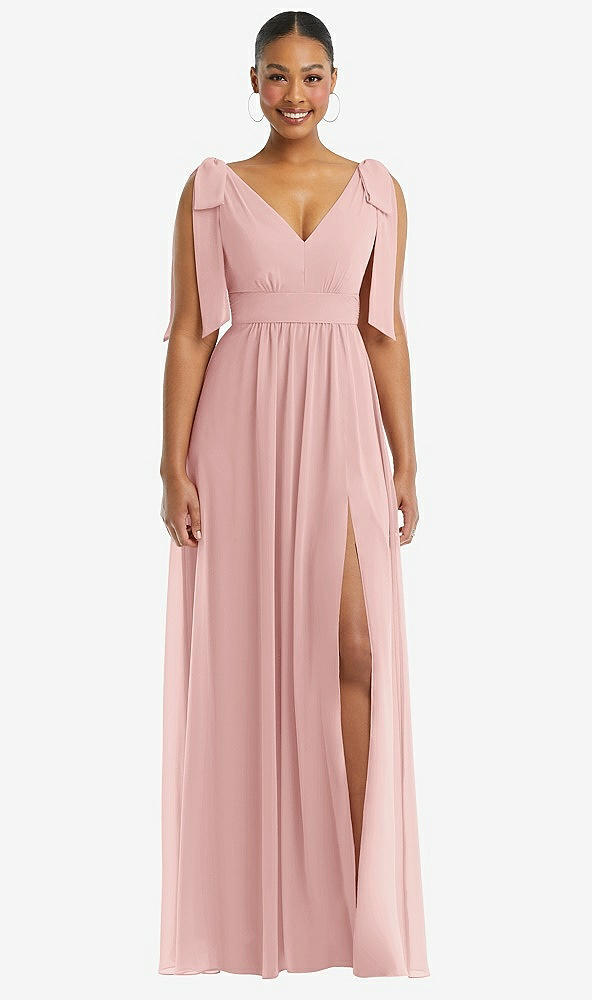 Front View - Rose Plunge Neckline Bow Shoulder Empire Waist Chiffon Maxi Dress