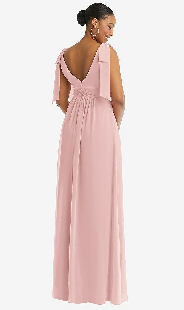 Back View - Rose Plunge Neckline Bow Shoulder Empire Waist Chiffon Maxi Dress