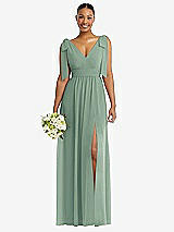 Alt View 1 Thumbnail - Seagrass Plunge Neckline Bow Shoulder Empire Waist Chiffon Maxi Dress