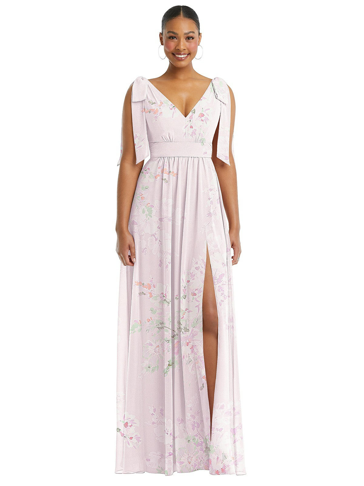 Plunge Neckline Bow Shoulder Empire Waist Chiffon Maxi