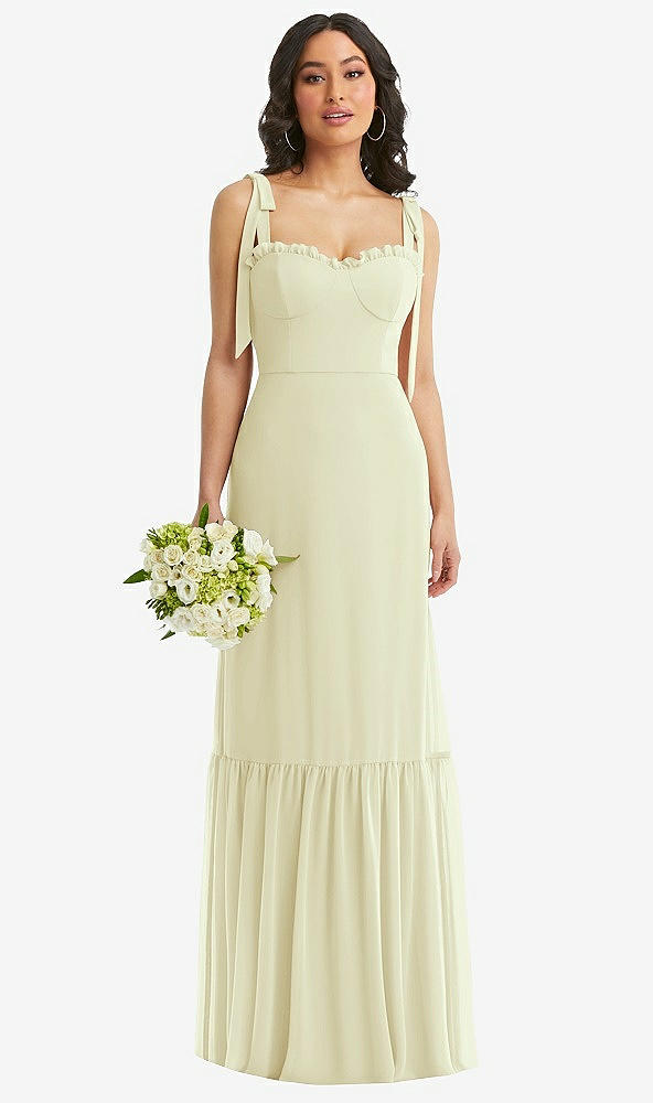 Front View - Butter Yellow Tie-Shoulder Bustier Bodice Ruffle-Hem Maxi Dress