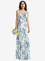 Front View Thumbnail - Cottage Rose Dusk Blue Tie-Shoulder Bustier Bodice Ruffle-Hem Maxi Dress