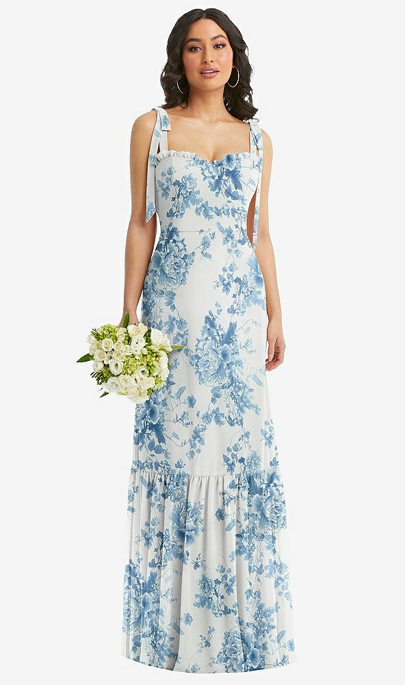 Front View - Cottage Rose Dusk Blue Tie-Shoulder Bustier Bodice Ruffle-Hem Maxi Dress
