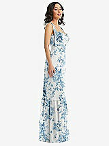 Side View Thumbnail - Cottage Rose Dusk Blue Tie-Shoulder Bustier Bodice Ruffle-Hem Maxi Dress
