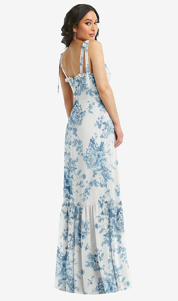 Back View - Cottage Rose Dusk Blue Tie-Shoulder Bustier Bodice Ruffle-Hem Maxi Dress