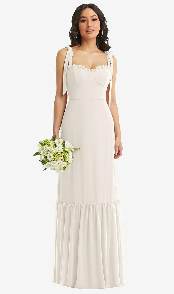 Front View - Ivory Tie-Shoulder Bustier Bodice Ruffle-Hem Maxi Dress