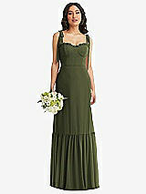 Front View Thumbnail - Olive Green Tie-Shoulder Bustier Bodice Ruffle-Hem Maxi Dress