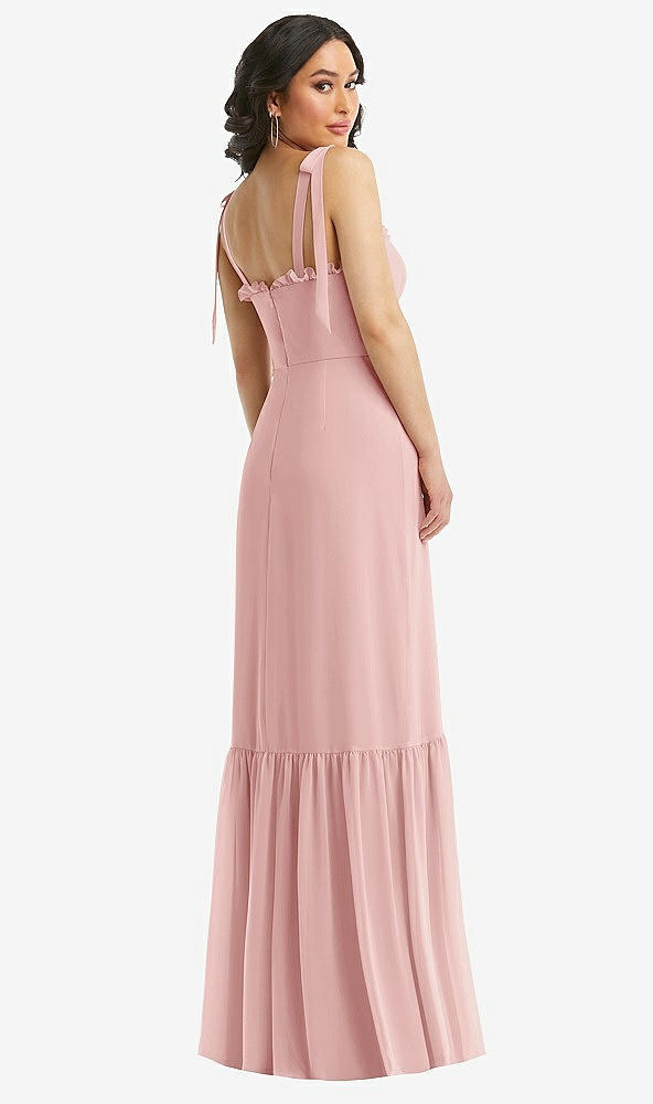 Back View - Rose Tie-Shoulder Bustier Bodice Ruffle-Hem Maxi Dress