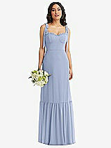 Front View Thumbnail - Sky Blue Tie-Shoulder Bustier Bodice Ruffle-Hem Maxi Dress