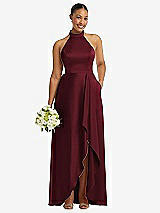 Alt View 1 Thumbnail - Cabernet High-Neck Tie-Back Halter Cascading High Low Maxi Dress