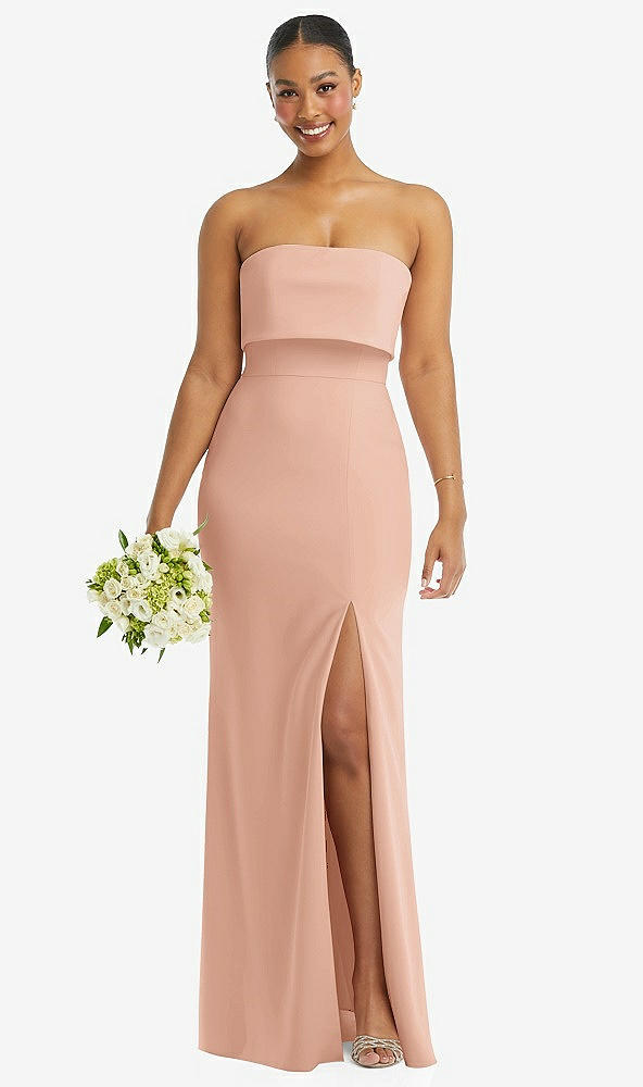 Front View - Pale Peach Strapless Overlay Bodice Crepe Maxi Dress with Front Slit