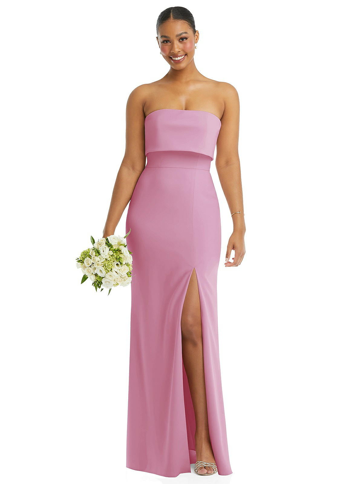 パーティードレス Pink Mylie Front Slit Long Dress Strapless Overlay Bodice Crepe Maxi Bridesmaid Dress With