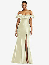 Alt View 3 Thumbnail - Butter Yellow Off-the-Shoulder Ruffle Neck Satin Trumpet Gown