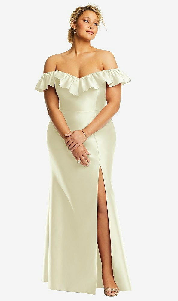 Front View - Butter Yellow Off-the-Shoulder Ruffle Neck Satin Trumpet Gown