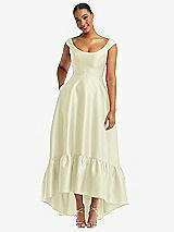 Front View Thumbnail - Butter Yellow Cap Sleeve Deep Ruffle Hem Satin High Low Dress with Pockets