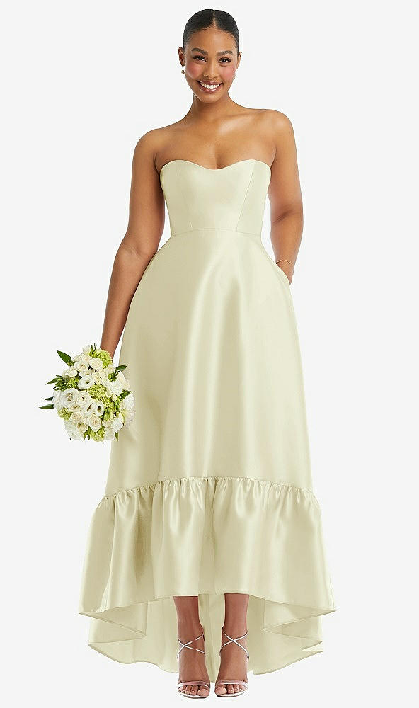 Front View - Butter Yellow Strapless Deep Ruffle Hem Satin High Low Dress with Pockets
