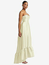 Side View Thumbnail - Butter Yellow Strapless Deep Ruffle Hem Satin High Low Dress with Pockets
